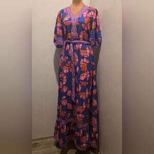 CELINA MOON Vibrant Blue and Pink Floral Maxi Dress
